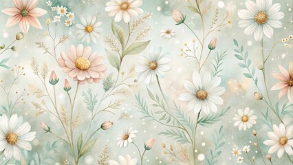 A delicate tapestry of soft pink and white blossoms on a dreamy, pastel green background with subtle gold accents, reminiscent of a whimsical summer meadow.