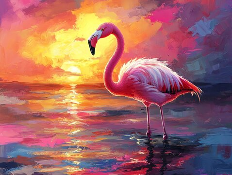 A pink flamingo stands in shallow water at sunset, the sky painted in vibrant hues of orange, pink, and purple.