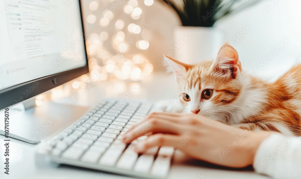 Poster a cat sitting in front of a computer. ai.