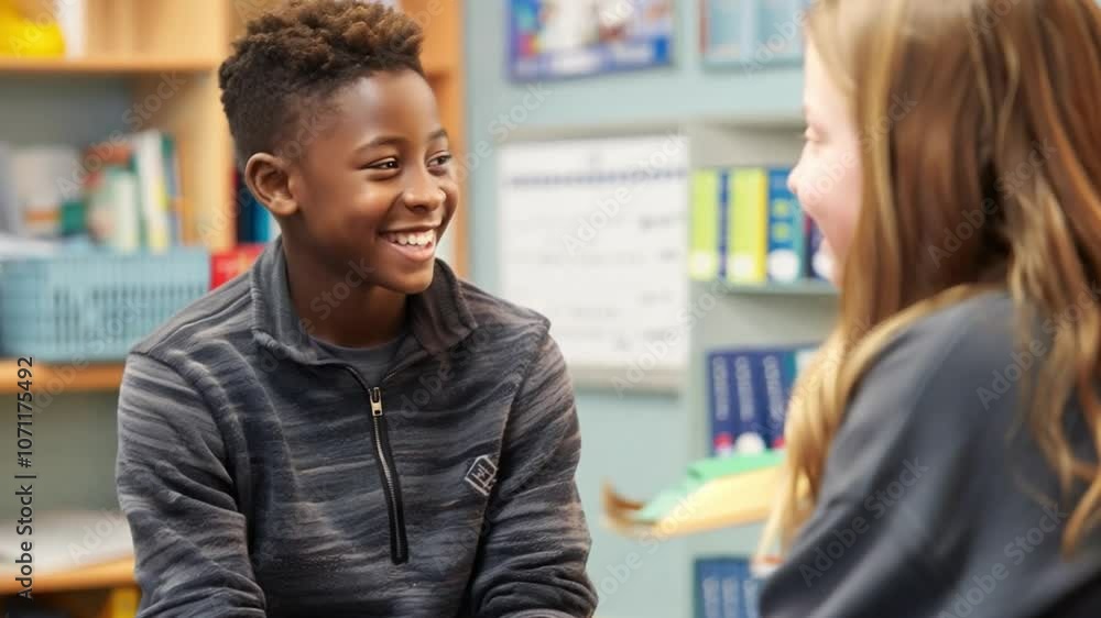Poster this two students share smiles while chatting in a bright classroom setting.
