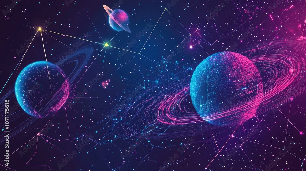 Poster abstract space background with planets and constellations.