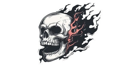 A vector logo featuring a flaming skull in a doodle style, with bold outlines and dynamic flames swirling around the skull. The design is intricate yet playful, 