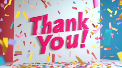 A vibrant and celebratory scene featuring bold "Thank You!" text in a three-dimensional style, set against a clean white background. The letters are presented in a modern font, 