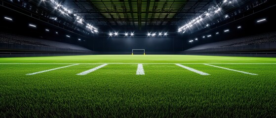Wide view of an empty football field under bright stadium lights, ready for action.
