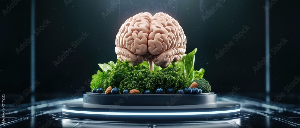 Aufkleber a brain model displayed on a futuristic platform with fresh greens and nuts.