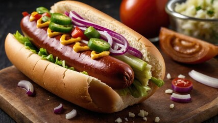 A delicious hot dog topped with vegetables and condiments, served on a wooden board.