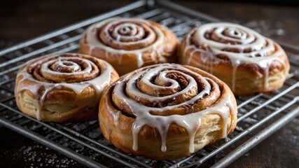 Freshly baked cinnamon rolls drizzled with icing on a cooling rack.