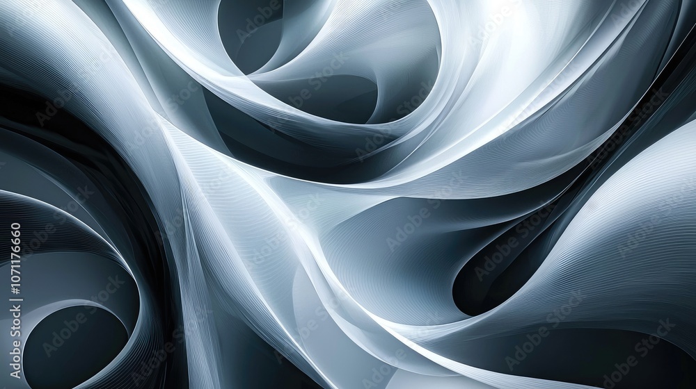 Poster abstract swirling pattern of white and gray curves, creating a sense of movement and energy.