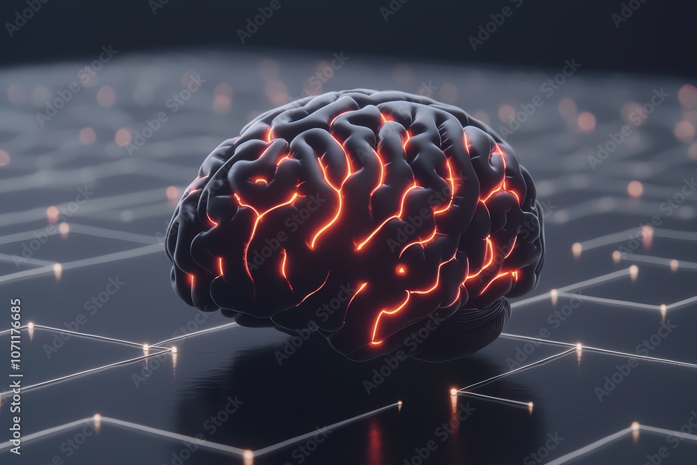 Aufkleber a detailed 3d rendering of a glowing brain on a dark circuit board background.