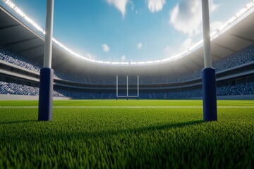 A low-angle view of a rugby field with goalposts, showcasing a bright and lively stadium atmosphere.