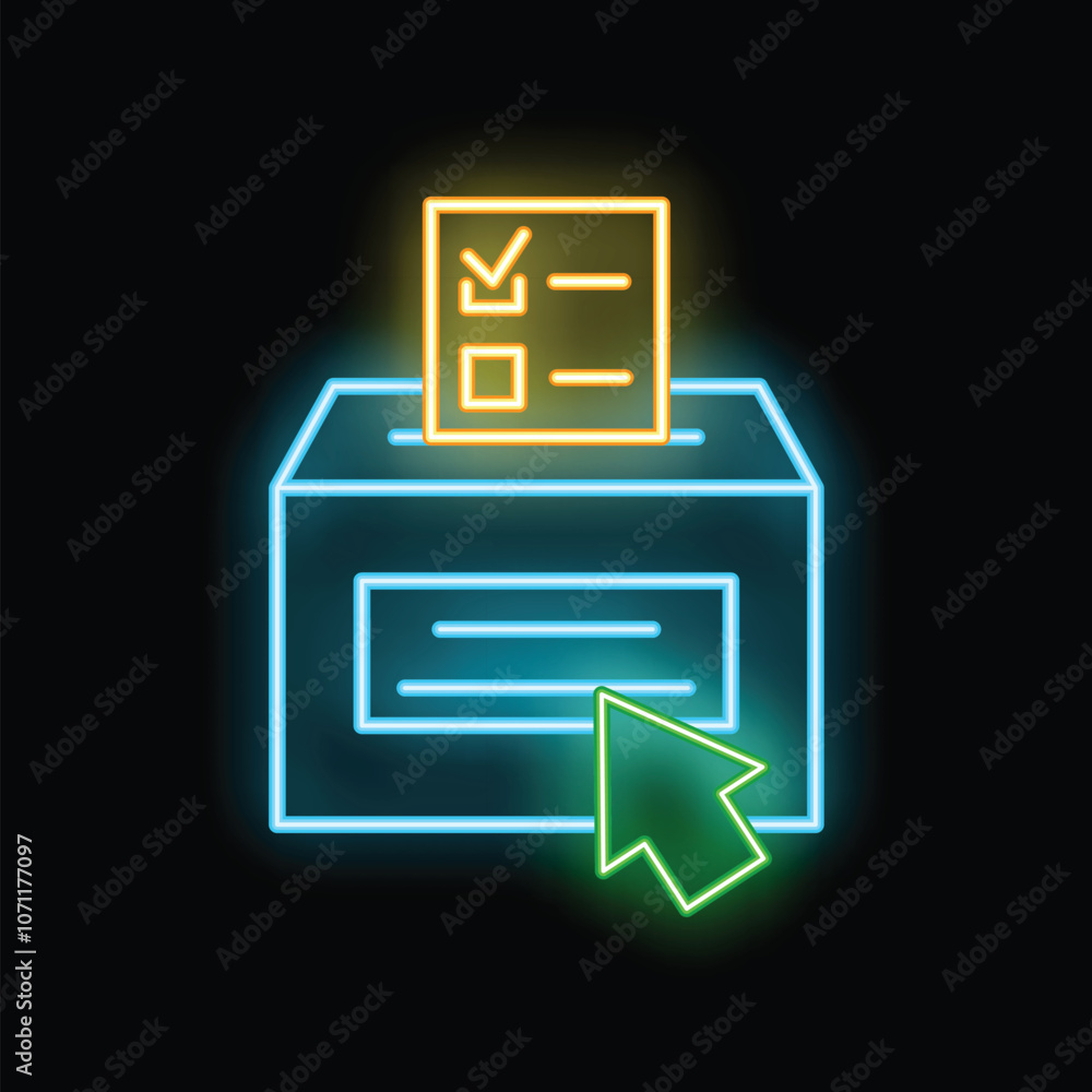 Poster neon online voting concept with mouse cursor clicking on ballot box icon on black background