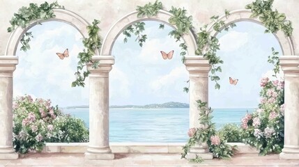A serene coastal view through elegant arches adorned with vines and butterflies, invoking tranquility and beauty.