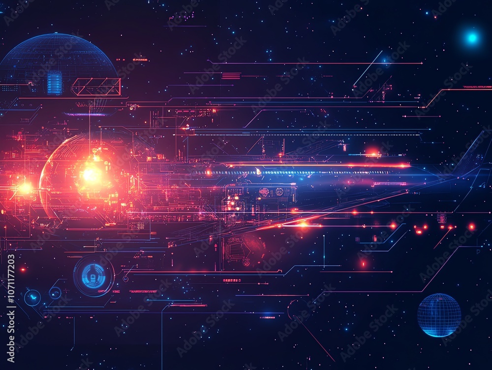 Poster Abstract digital circuit board with glowing lines and orbs in a dark space.
