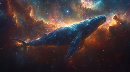 Fototapeta premium Cosmic Wanderer: Awe-Inspiring Blue Whale Silhouette Gliding Through a Star-Filled Universe