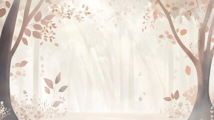 A whimsical, nursery-inspired woodland scene with gentle pastel-colored leaves softly swaying in the breeze. Light beams filter through the canopy, casting delicate patterns on the forest floor. 