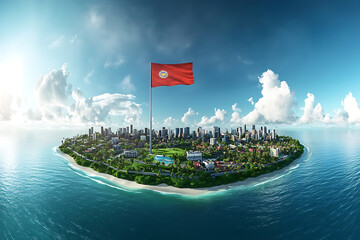 Aerial View of a City on an Island with a Flag