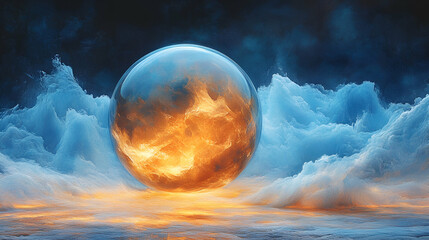 A luminous sphere hovers above a tranquil sea, surrounded by clouds and illuminated by fiery colors, creating a serene and magical atmosphere.