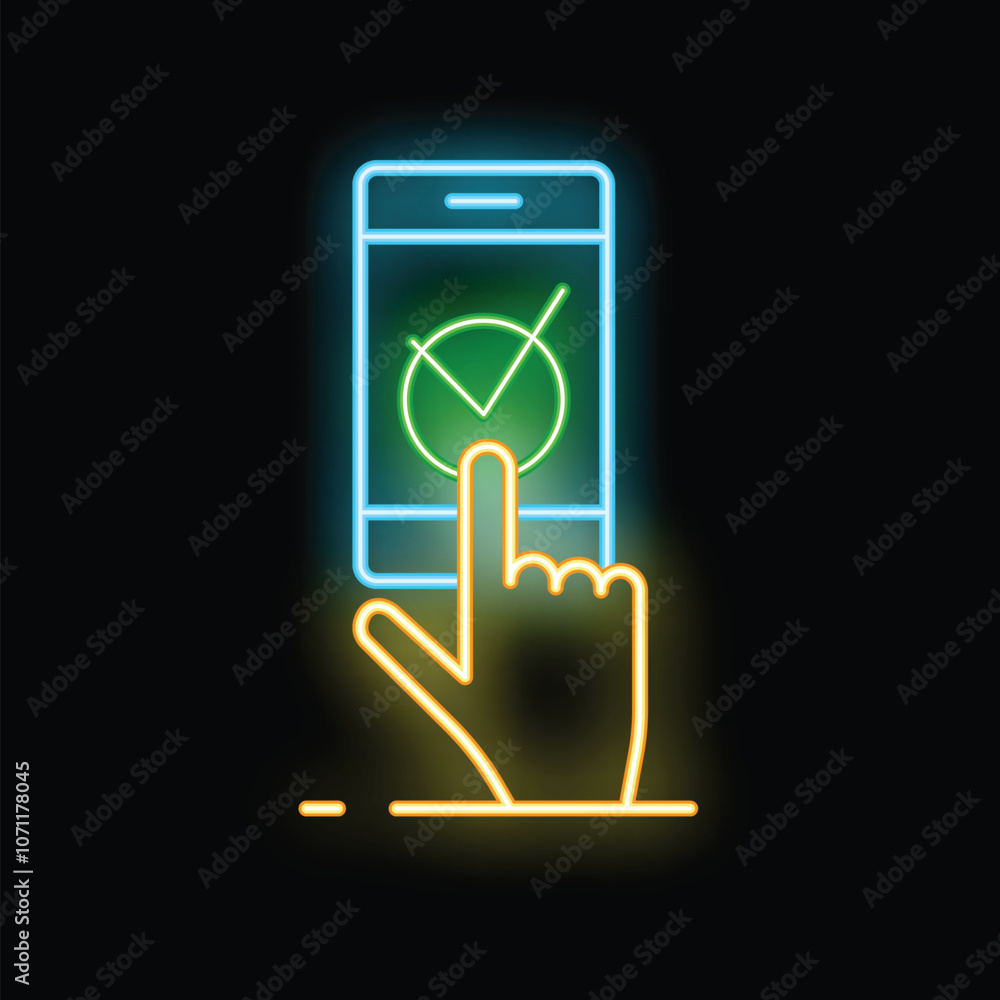 Poster neon glowing icon of a hand tapping a smartphone screen with a checkmark inside a circle