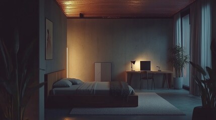 A stylish, modern bedroom with minimalist decor, a bed, desk, floor lamp, and a rose gold aluminum ceiling. generative ai