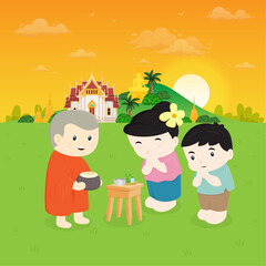 The family are making merit by giving alms to monks cartoon illustration design