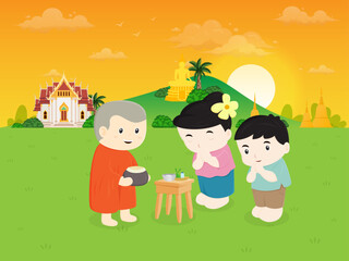 The family are making merit by giving alms to monks cartoon illustration design