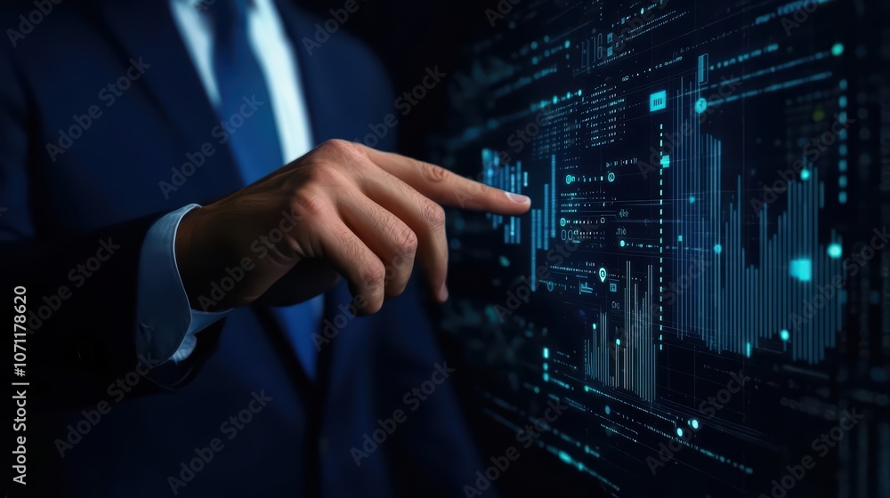 Poster businessman analyzing data on a futuristic digital screen with graphs and charts.