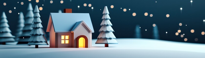 Naklejka premium Charming winter house scene with snowy trees and glowing lights, creating a cozy holiday atmosphere.