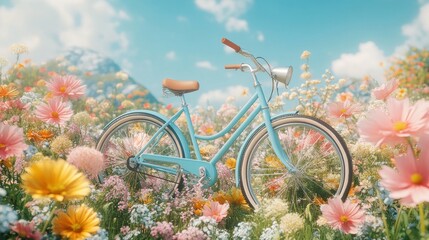 Naklejka premium A blue bicycle sits in a field of colorful wildflowers against a backdrop of mountains and a bright blue sky.
