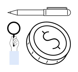 Pen, magnifying glass held by hand, and a dollar coin. Ideal for business, finance, auditing writing research education and investment. Line metaphor. Line metaphor. Simple line icons