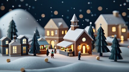 Fototapeta premium Charming winter village with snow, cozy houses, and festive lights creating a magical holiday atmosphere.