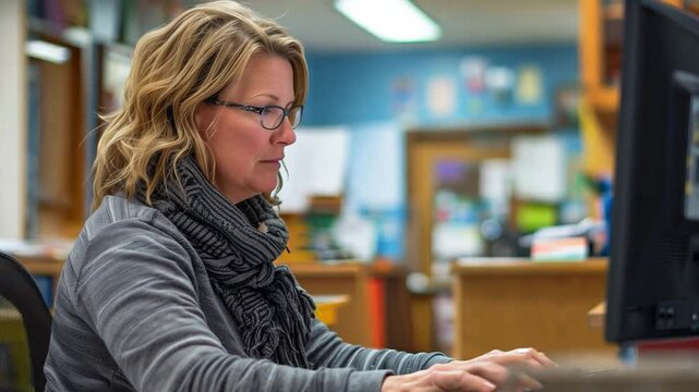 This dedicated educator types on a computer while surrounded by classroom resources.