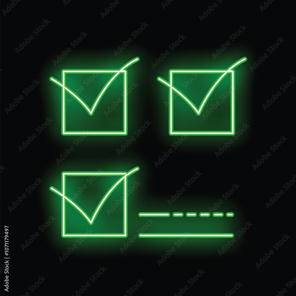 Poster green neon glowing check mark icons on a black background representing a list of items