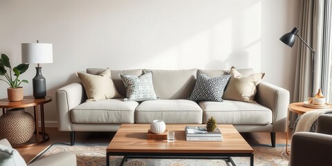 A cozy living room decorated with a neutral color scheme, featuring a plush sofa, coffee table, and decorative throw pillows, interior design, sofa, throw pillows