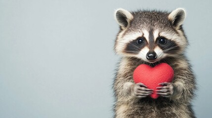 Obraz premium Cute raccoon holding a red heart.