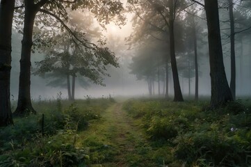 Fototapeta premium fog in the middle of the forest with high quality 8k resolution