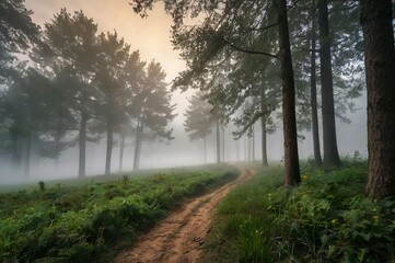 Fototapeta premium fog in the middle of the forest with high quality 8k resolution