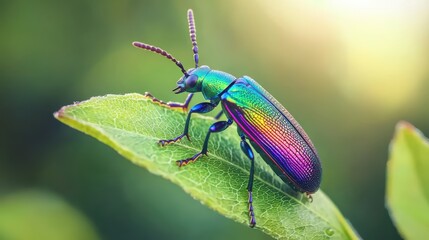 Colorful iridescent beetle resting on a green leaf with a soft blurred background.
