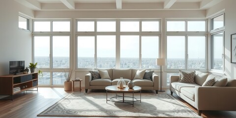 Fototapeta premium A cozy living room with a neutral color palette, plush couches, a decorative rug, and a large window letting in natural light, large window, living room, rug