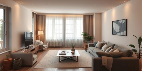 A cozy living room with a neutral color palette, sleek furniture, and warm lighting, creating a minimalist yet inviting space for relaxation and comfort, warmth, cozy, living room