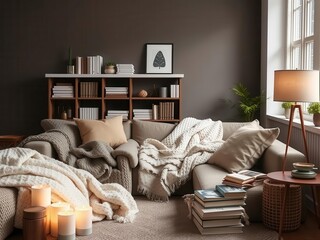 A cozy living room with a plush sofa, soft throw blankets, and a stack of books on a coffee table, design, leisure, modern