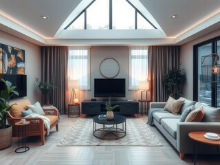Fototapeta premium A cozy living room with a warm color palette, plush rugs, comfortable seating, and soft lighting, living room, modern, aesthetic