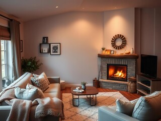 Fototapeta premium A cozy living room with warm lighting, plush furniture, and a crackling fireplace, home decor, layout, lighting