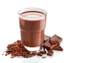 Chocolate flavored milk made by mixing cocoa solid powder with milk, either dairy or plant based. It has a high sugar content linked to childhood obesity. Isolated on white background with copy space