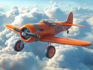 vibrant orange airplane flying through fluffy clouds, showcasing its design