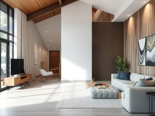 A modern living room with sleek furniture and neutral colors, stylish, decor, architecture