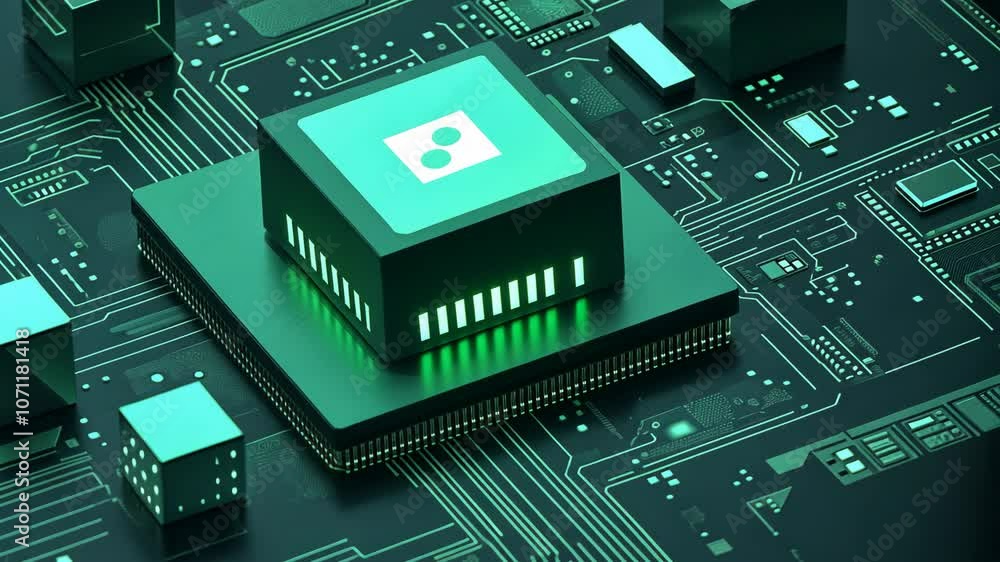Poster a close-up of a computer chip with green lights, representing the future of technology