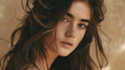 Naklejka premium Portrait of a confident woman, with thick, wavy black hair and subtle makeup, against a neutral background 