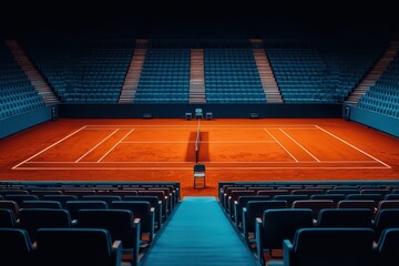 Naklejka premium Empty tennis court with orange clay surface and blue seating under dark lighting.