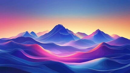 An abstract digital illustration of colorful mountains at sunset.