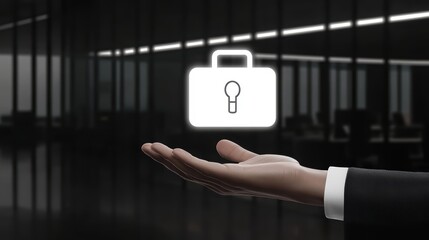 Hand holding a briefcase icon symbolizing security and protection, modern office background.